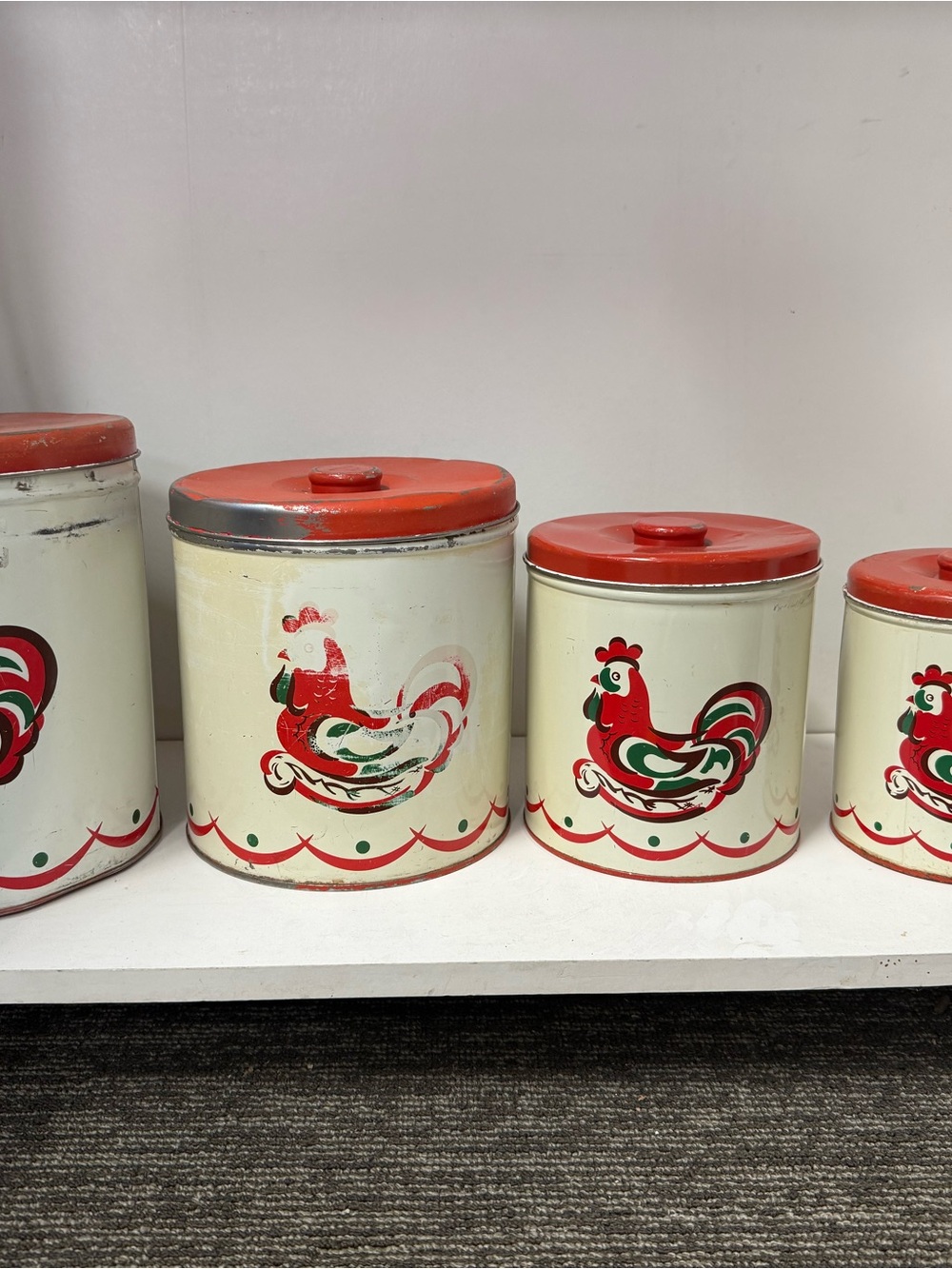 Vintage Red Cream Rooster Tin Canister Set